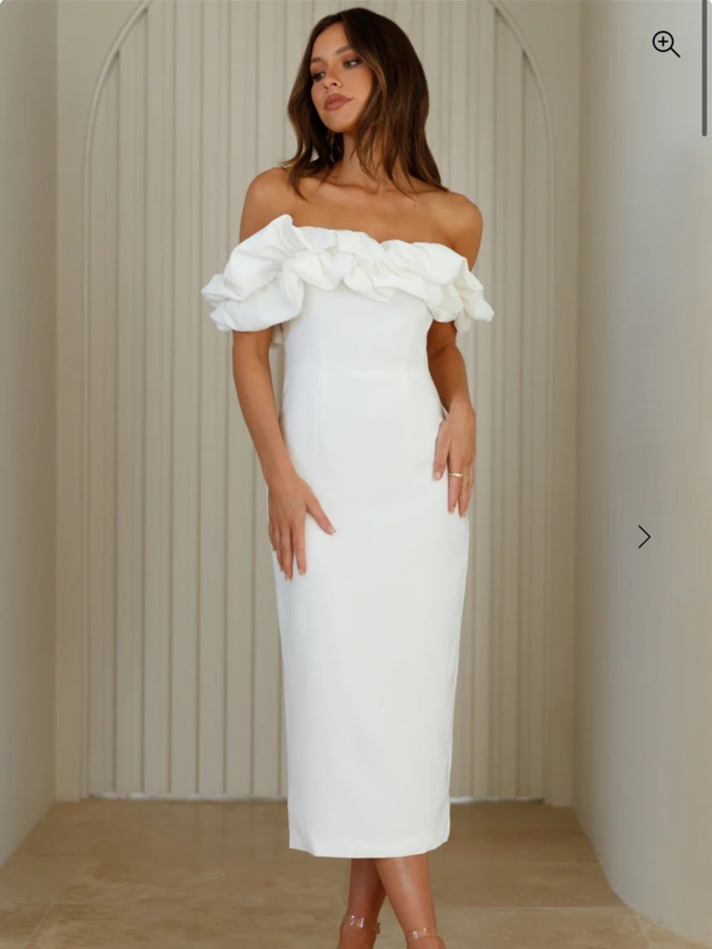 Hello Molly Elegant Off-Shoulder White Midi Dress with Ruffle Detail